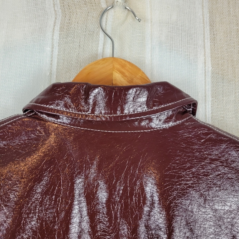 MNG Mango Faux Leather Shacket Button Down Shirt Maroon Size 6 - Picture 11 of 12